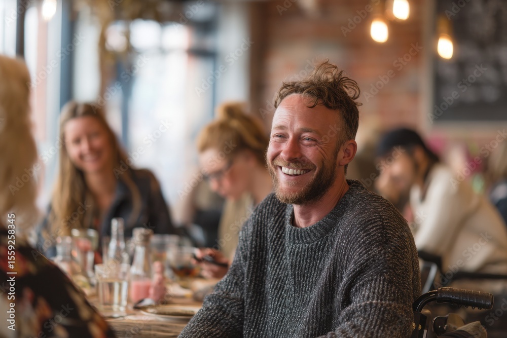 A man with a joyful expression engages with friends in a relaxed atmosphere, sharing laughter and stories at a local cafe A man with a joyful expression engages with friends in a relaxed atmosphere, sharing laughter and stories at a local cafe