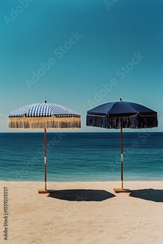 Beach Umbrellas Provide Shade on Sandy Shore Under Clear Blue Sky in a Serene...