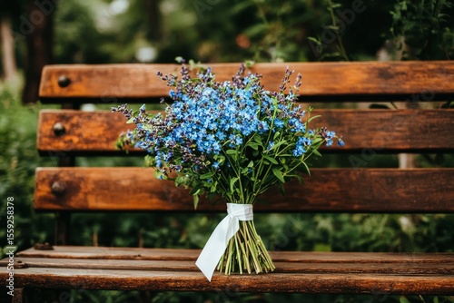 Bouquet of Blue Flowers Tied With a White Ribbon on a Rustic Wooden Bench in ...