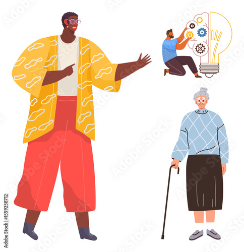 Confident young man gesturing, elderly woman walking with a cane, and a person fixing gears in a lightbulb. Ideal for teamwork, innovation, diversity, creativity, assistance, inclusion mentoring