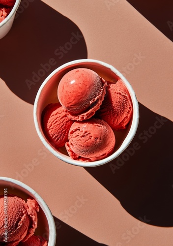Delicious Scoops of Vibrant Red Sorbet Served in White Cups on a Modern Surface