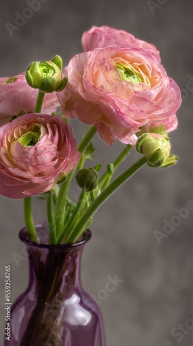 Pink Ranunculus Flowers Arranged Elegantly in a Purple Vase on a Neutral Back...