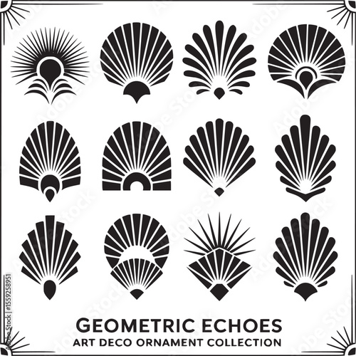 Collection of twelve art deco style fan ornaments in black and white with border design elements