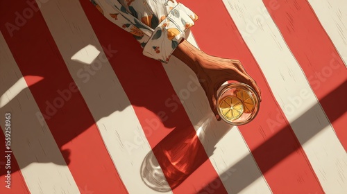 Hand Holding a Glass of Lemonade on a Striped Table During a Sunny Afternoon