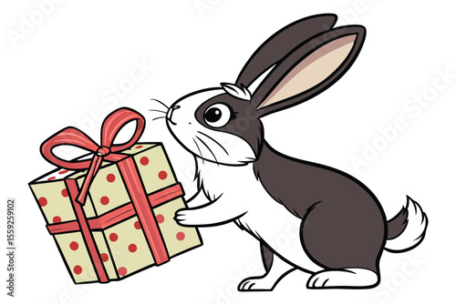 An adorable bunny carrying a birthday gift with a red ribbon celebrates happily