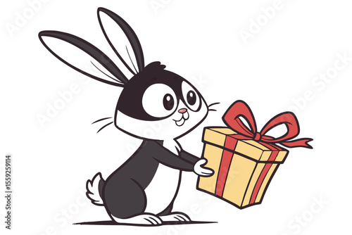 Animated cartoon bunny happily carries a present with red ribbons and bow adorably