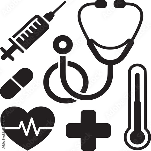 A black and white vector illustration of medical equipment including a stethoscope and syringe icon