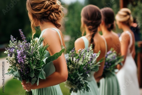 Bridesmaid Laughing While Holding Bouquets During Outdoor Wedding Ceremony in...