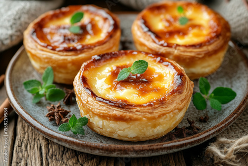 Traditional Portuguese pastel de nata with flaky golden crust and creamy custard filling. Iconic Lisbon bakery dessert with caramelized top.