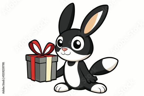 Animated black and white bunny cheerfully presents a gift box tied with a red ribbon