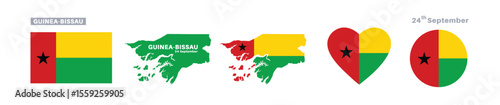 guinea - bissau flag and map set. guinea  bissau flag in official colors and proportions. independence day 24 september, map, circle and heart shaped guinea 