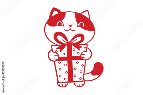 Adorable red and white cartoon cat happily holding a present box, isolated