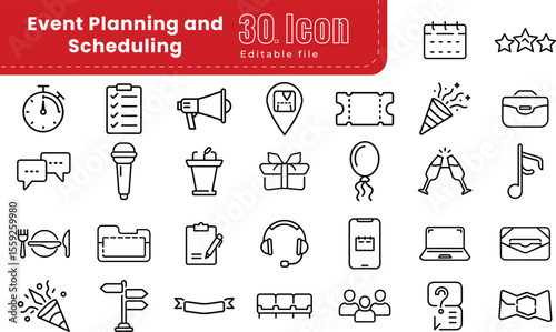 Event planning icon set. Editable Stroke. Icons in linear style collection. Containing decorations, venue, event planner, registration, entertainment, catering, invitations, coordination and more. Vec