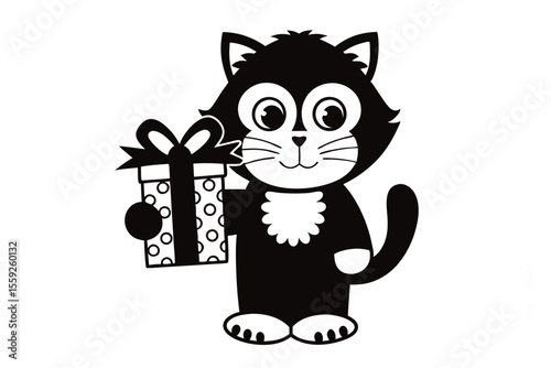 Black and white cartoon cat happily holds a wrapped present in its tiny hands