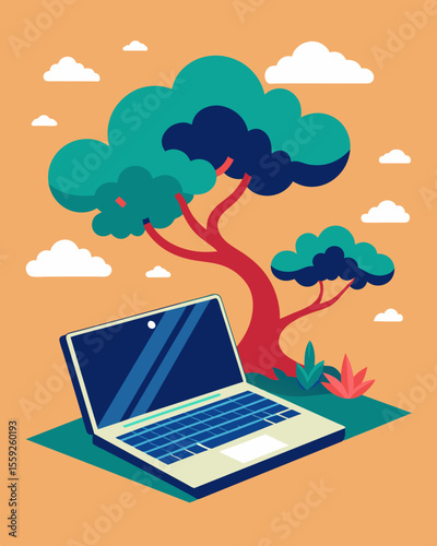 The laptops soft humming perfectly complements the rustling leaves of the bonsai trees in the courtyard.. Vector illustration