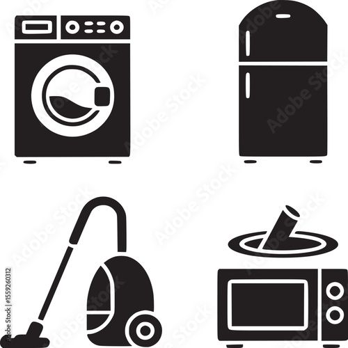 A collection of four black and white household appliance icons including a washer fridge vacuum and microwave