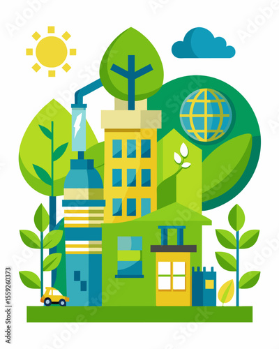 A corporation implements green building initiatives in all of its new construction projects utilizing ecofriendly materials and energyefficient designs.. Vector illustration