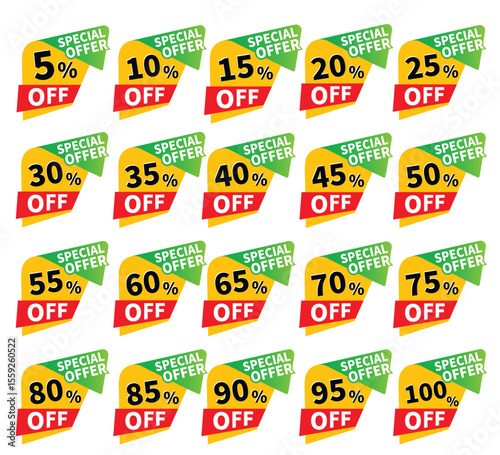Big Deal offers, discount offer tag set, discount tag vector illustration icon, 5%, 10%, 15%, 20%, 25%, 30%, 35%, 40%, 45%, 50%, 55%, 60%, 65%, 70%, 75%, 80%, 85%, 90%, 95%, 100% off discounts