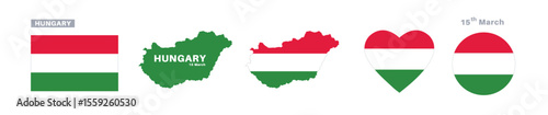 hungary flag and map set. hungary flag in official colors and proportions. independence day 15 march, map, circle and heart shaped hungary 