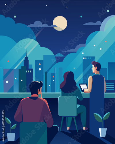 From their secluded vantage point the remote workers can see the city lights ling far below a reminder of the bustling world outside of their serene observatory.. Vector illustration