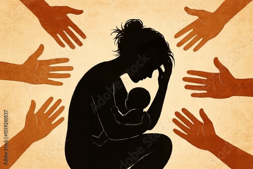 Silhouette of a distressed mother with baby, surrounded by outstretched help. Artful illustration depicting postnatal depression and the need for support. Postpartum depression.