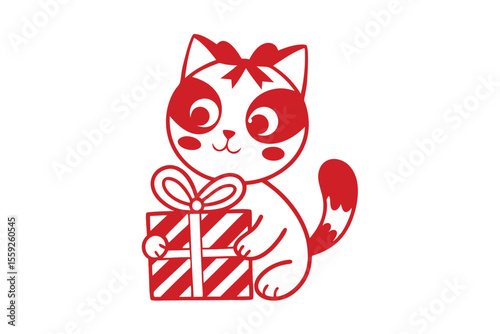 Adorable red and white outlined kitten holds a striped gift tied with a bow