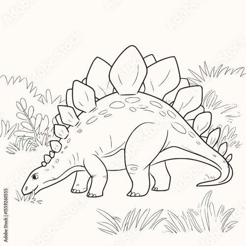 Minimilist illustration of a stegosaurus dinosaur eating grass in a field with plants and foliage in a line art style vector