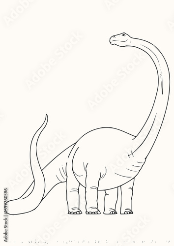 Minimilist illustration of a long necked dinosaur with a long tail standing in a white background drawing style vector