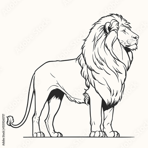 Minimilist illustration of a majestic lion standing in profile with a detailed mane and powerful stance design art vector