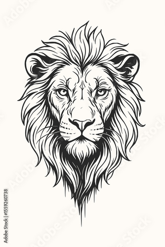 Minimilist detailed line art illustration of a lion's head with a majestic mane and intense gaze design element vector