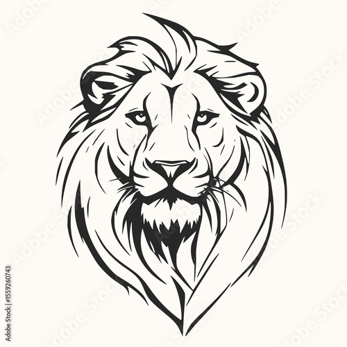 Minimilist illustration of a regal lion head with a detailed mane and intense gaze rendered in black and white lines vector