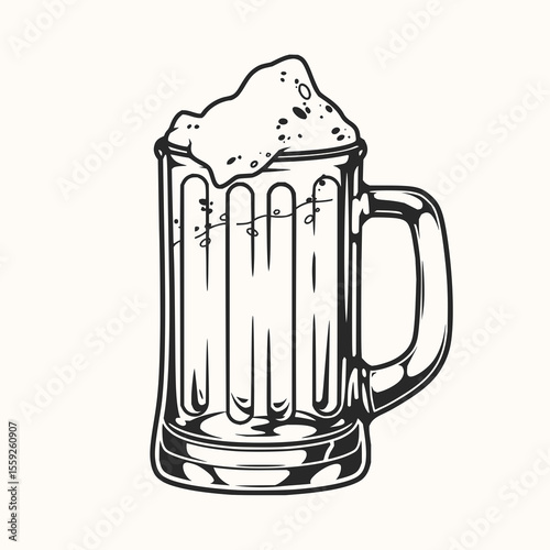 Minimilist illustration of a frothy beer mug with a handle and detailed rim design on a plain background scene vector