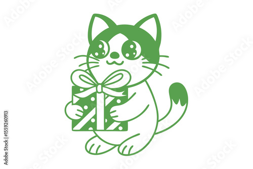 An adorable cartoon kitten gently holds a green present adorned with white polka dots