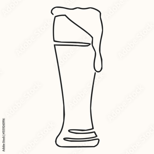 Minimilist single line drawing of a tall beer glass with a thick head of foam dripping down the side of the glass vector
