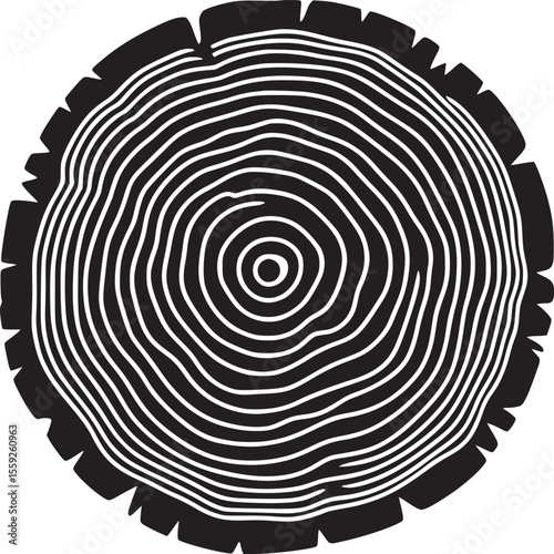 A black and white illustration of a tree trunk cross section with concentric growth rings visible