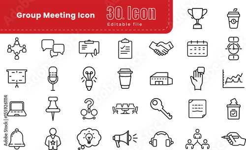 Group meeting icon set. Thin line editable stroke Outline icons collection. business meeting, presentation, interview, conference, assembly, agreement and discussion icons. 
