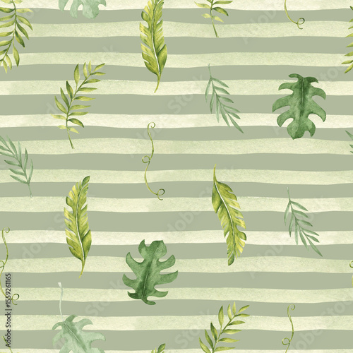 Watercolor Tropical Leaves Seamless Pattern on a green striped background. Palm, Eucalyptus and Monstera with Liana, horizontal Brush Strokes or Lines. Watercolor Hand drawn illustration. For
