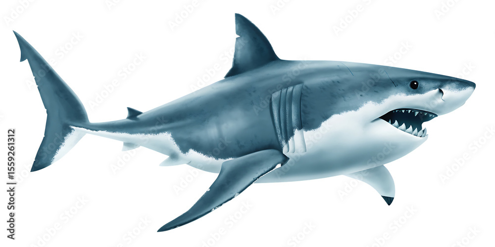 Obraz premium ealistic image of a great white shark isolated on white background PNG ,AI GENERATED