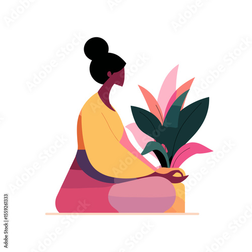 Woman meditating with colorful plants around, colorful vector illustration
