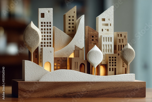Modern Minimalist Paper Cityscape Model Set on Wooden Base – Architectural Display Concept