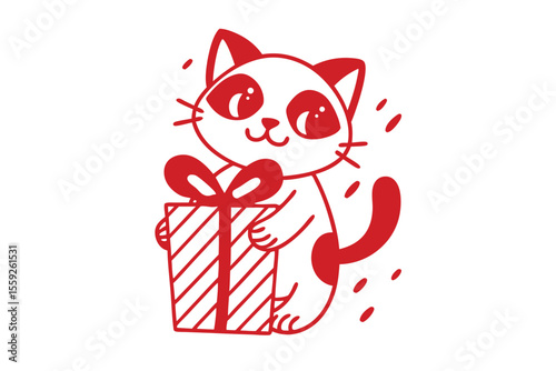 A cute cartoon cat lovingly holds a wrapped striped gift with a bow