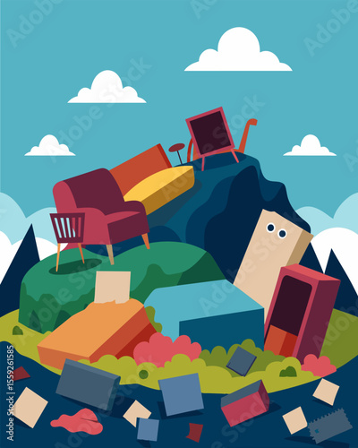 A landfill site overflowing with discarded mattresses sofas and other household furniture and appliances.. Vector illustration
