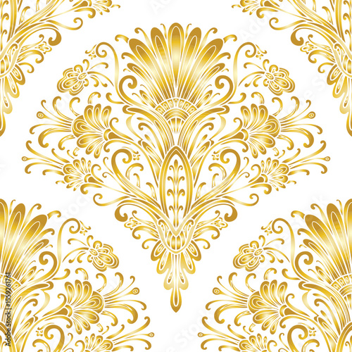 Damask style floral pattern, golden and white colors. Seamless floral pattern-757.