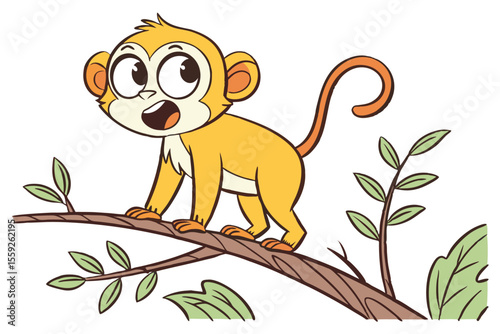 Animated monkey with a surprised expression climbs across tree branches among vibrant green leaves