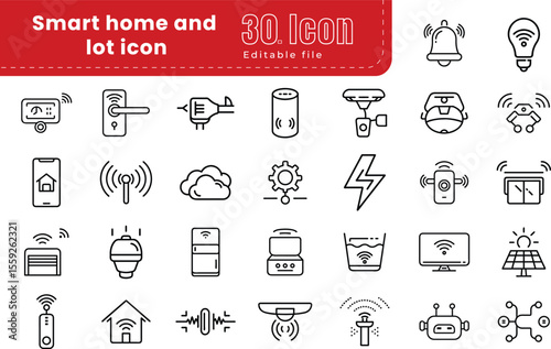 Smart Home line vector icon set collection. Pixel perfect. The set contains icons Smart Home, Autonomous Technology, Virtual Assistant, Biometric System, IOT, Remote Control.