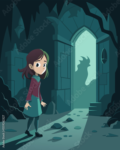 A young girl wanders through a haunted mansion only to be lured into a dark corner by a haunting whisper from a lurking figure.. Vector illustration