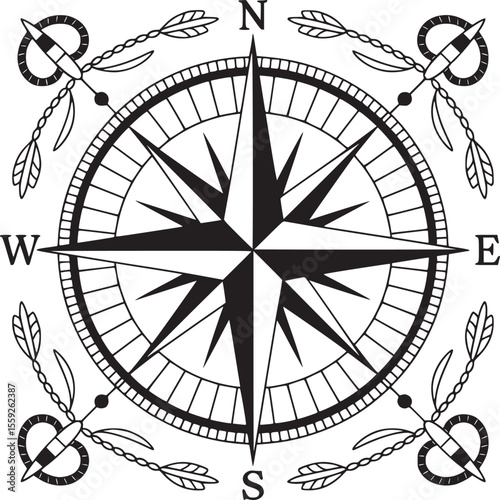 Detailed illustration of a black and white compass rose with arrows and directional indicators