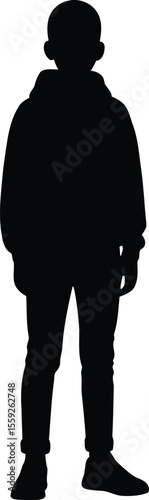 Silhouette of a Person Standing Upright in Hoodie and Pants, Minimalist Black Figure for Modern Design and Illustration Use