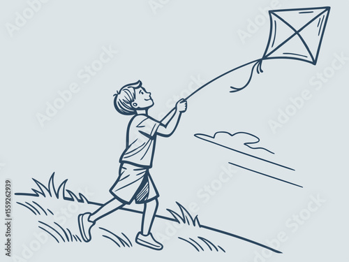 Child flying a kite in the breeze, joyful illustration reflecting outdoor play and fun