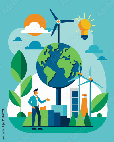 A company invests in renewable energy sources such as wind or hydro power to reduce their carbon footprint.. Vector illustration